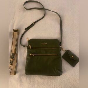 Anne Klein Olive Green Crossbody Bag with Gold Details and Luggage Strap